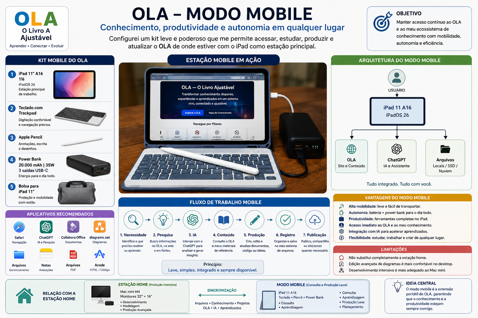 Kit mobile do OLA com iPad 11, teclado, power bank e bolsa de transporte